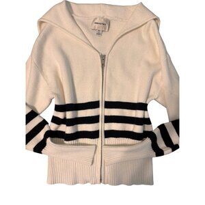 Industry Republic Clothing Womens White Black Striped Ribbed Knit Zip-Up Sweater